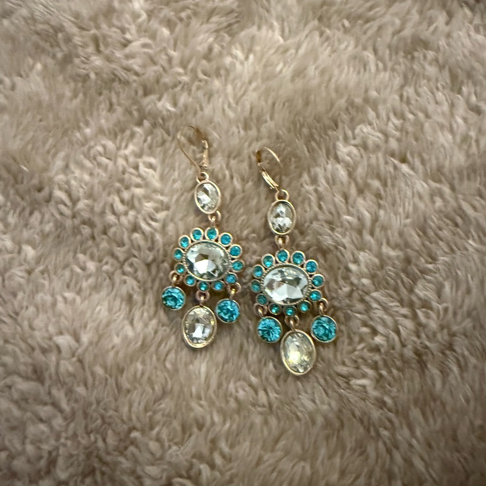 Gold-Tone Teal and Clear Crystal Drop Earrings